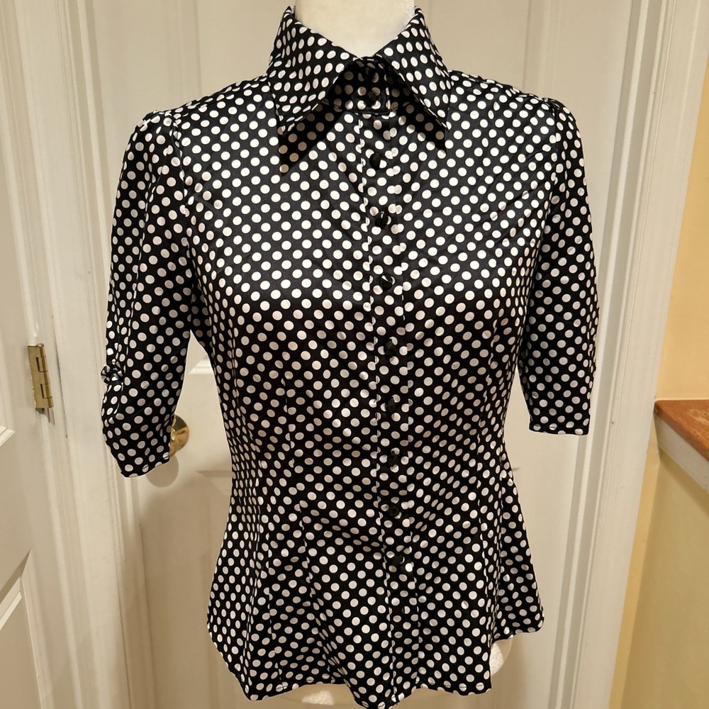 Black and White Polka Dot Blouse with Slightly Puffed Sleeves and Black Buttons